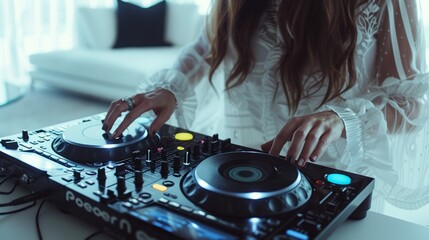 Obraz premium Dynamic female DJ entertaining in a bright, open white living room.