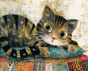 Fototapeta premium A cat is laying on a pillow with a flower pattern. The cat has a green eye and is looking at the camera. The image has a playful and whimsical mood, with the cat's bright green eye
