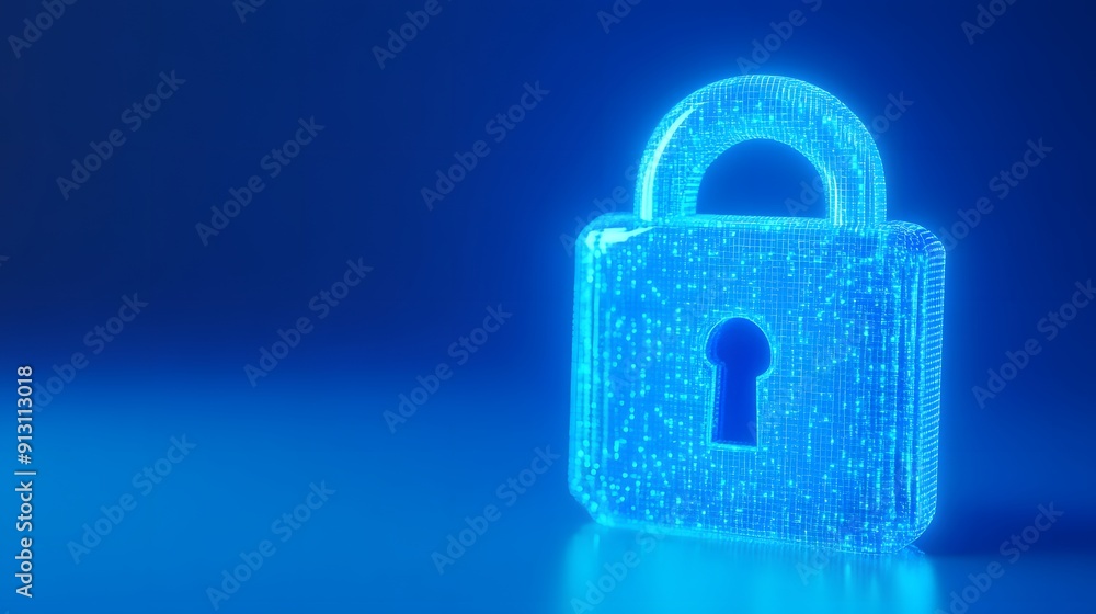 Poster glowing digital padlock symbolizing internet security, data protection, and encryption in a blue-ton