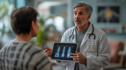 A telephoto angle photo of a healthcare professional using a tablet to show a patient their X-ray results, with copy space