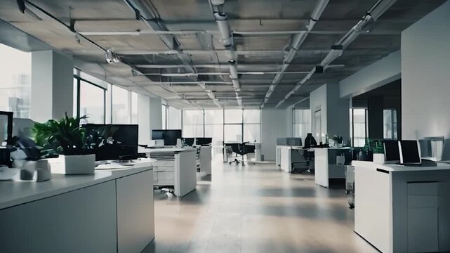 Empty Modern Office Space with Desks and Computers