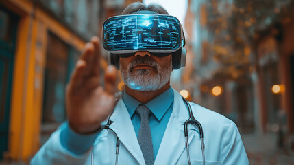 A telephoto angle photo of a doctor using an augmented reality headset to visualize patient data, with copy space
