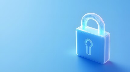 Fototapeta premium Glowing padlock icon representing security and protection on a blue gradient background. Ideal for technology and cybersecurity themes.