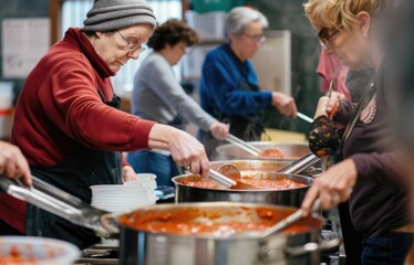 Volunteers cooking a large batch of soup in a community kitchen, preparing meals for the homeless