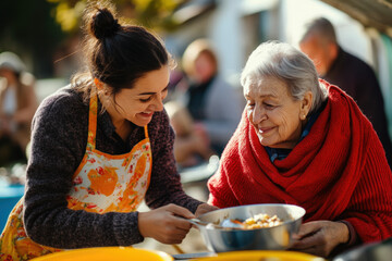 Young volunteer serving a warm meal to an elderly woman on the street