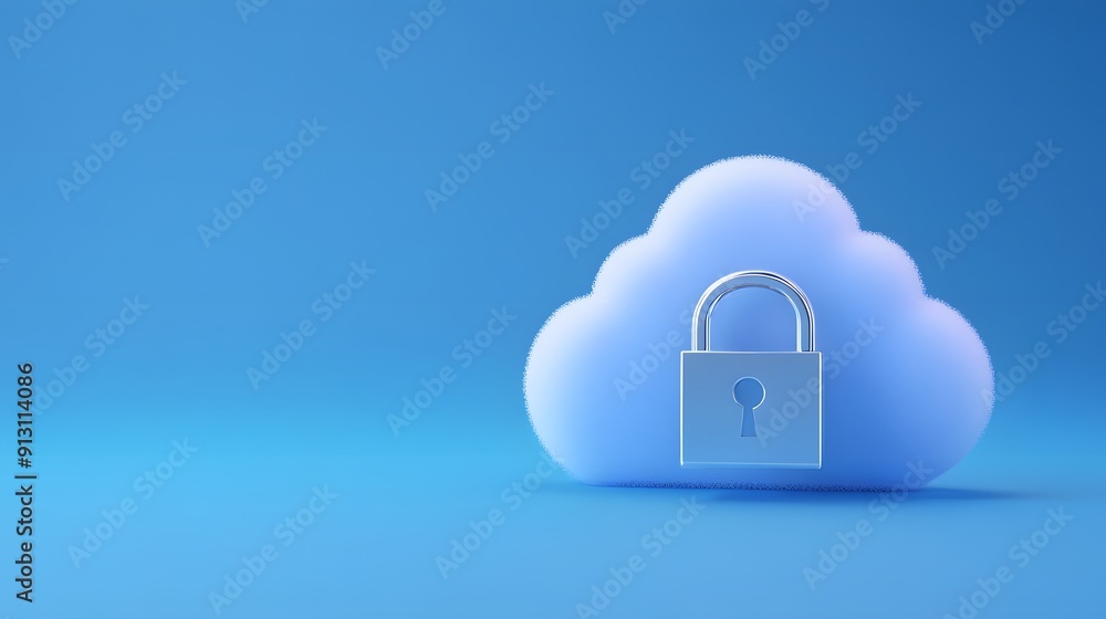 Poster illustration of a cloud with a padlock, representing cloud security and data protection. blue backgr