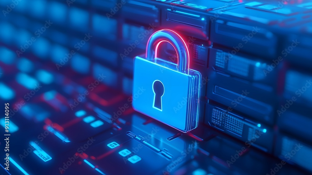 Poster illustration of a digital padlock symbolizing data security and protection in a blue and red futuris