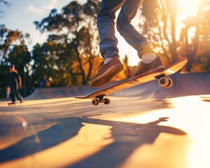 Naklejka premium A person is skateboarding in a park with a skateboard in the air. The skateboarder is wearing a brown shoe and jeans