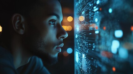 A young person intently studies glowing digital information against a dark background, showcasing curiosity and concentration