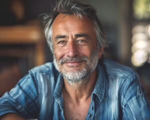 A man with a beard and gray hair is smiling. He is wearing a blue shirt. Concept of happiness and contentment