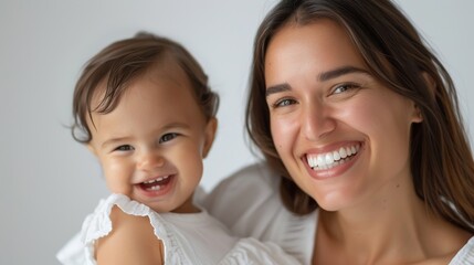 Joyful moment between a Brazilian mother and her cheerful baby, highlighted in a serene studio environment.