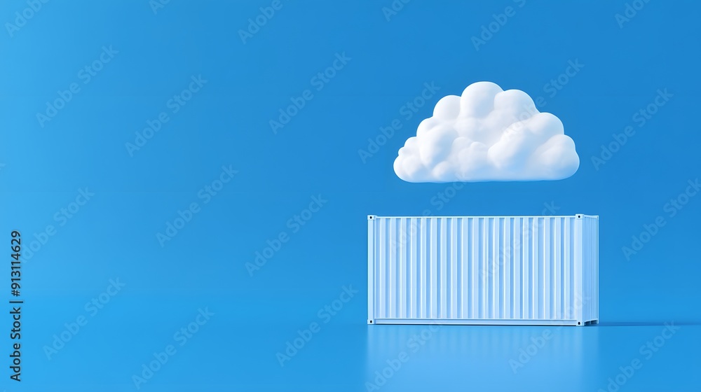 Poster minimalist image of a shipping container under a cloud on a blue background, symbolizing cloud stora