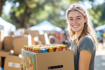 Young woman volunteer carrying box of food for donation at outdoor food bank