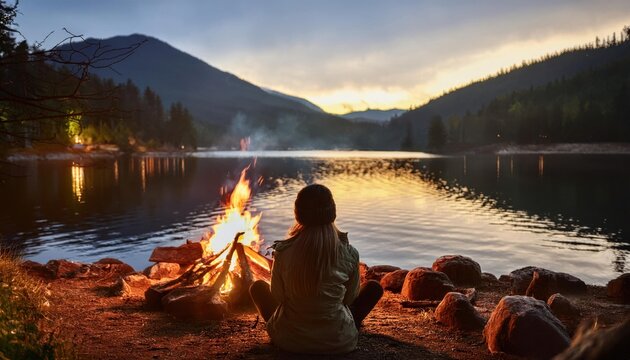 femme assise sur un quai en bois près d'un lac calme avec des reflets sur l'eau