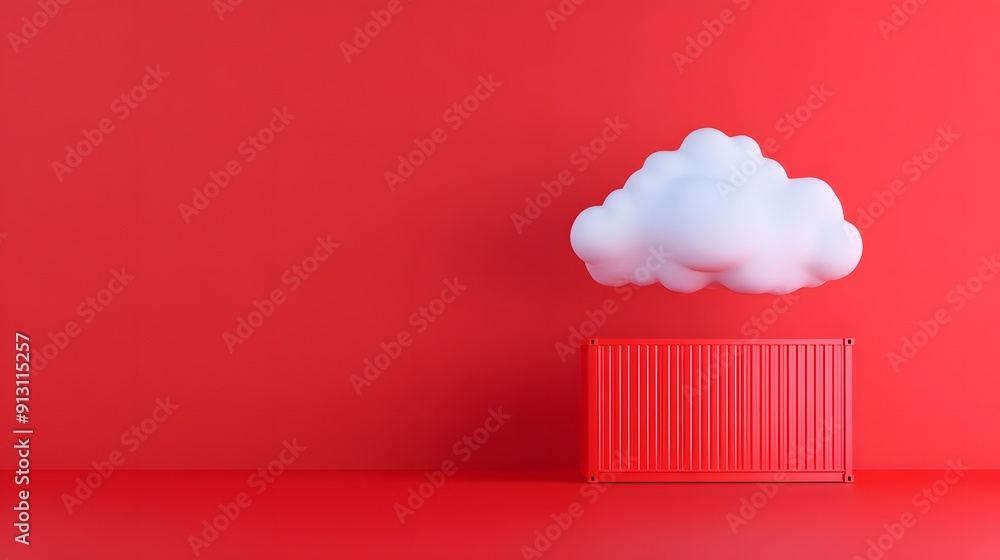 Poster minimalistic scene with a cloud above a red container against a red background, conveying imaginatio