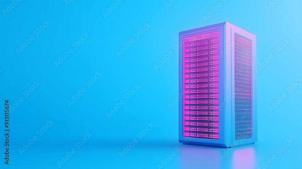 Poster modern server tower with purple lighting in a blue gradient background, representing data storage an