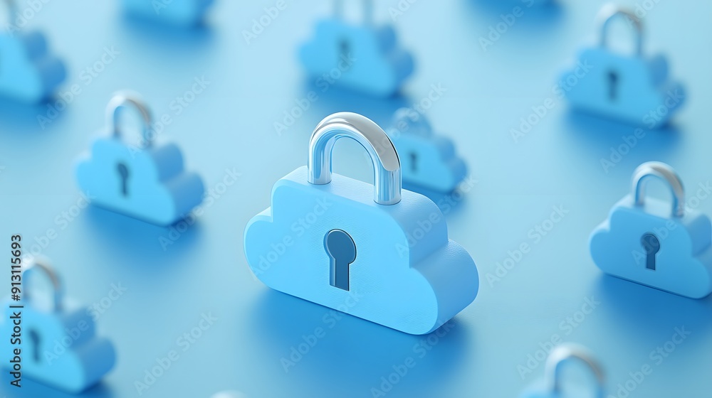 Poster multiple blue cloud icons with padlocks representing cloud security and data protection on a blue ba