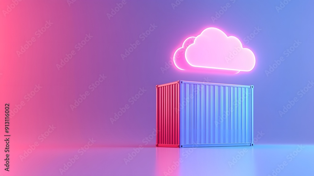 Poster neon cloud symbol above a shipping container against a pink-blue gradient background, representing c