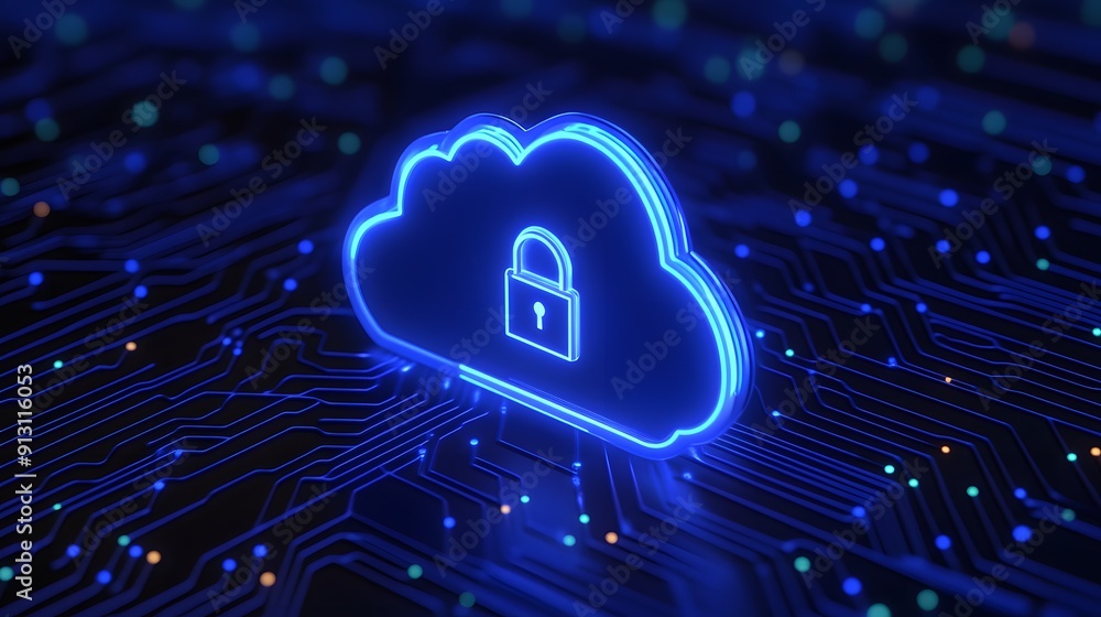 Poster neon cloud with lock icon symbolizing cybersecurity and data protection in a digital environment. le