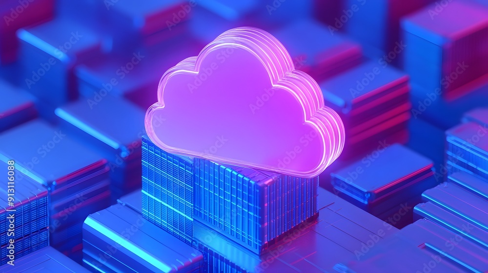 Poster neon glowing cloud icon over server racks, symbolizing cloud computing and online data storage in a 