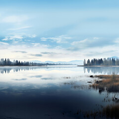 Fototapeta premium A calm lake nestled among trees, with a clear blue sky overhead, illustrating a serene and inviting natural environment.