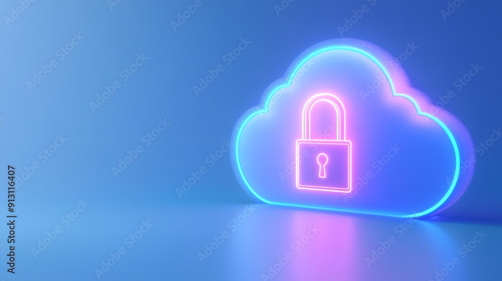 Poster neon-lit cloud with a padlock symbol, representing cloud security and data protection in a digital e