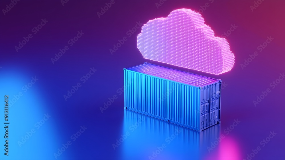 Poster neon-lit container with cloud computing symbol, representing modern digital technology, storage, and