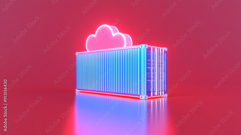 Poster neon-lit shipping container with glowing cloud symbol on a red background, symbolizing cloud storage