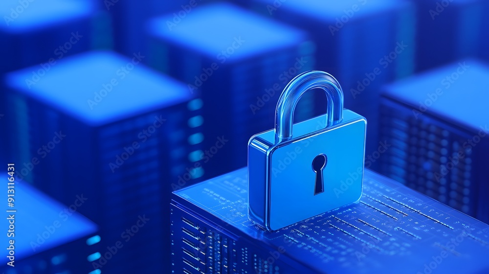 Poster padlock on a background of server racks symbolizing cybersecurity, data protection, and secure techn