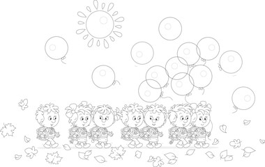 Happy little schoolboys and schoolgirls with schoolbags and holiday balloons going among fallen leaves to their school for start of classes on a sunny autumn morning, vector cartoon illustration