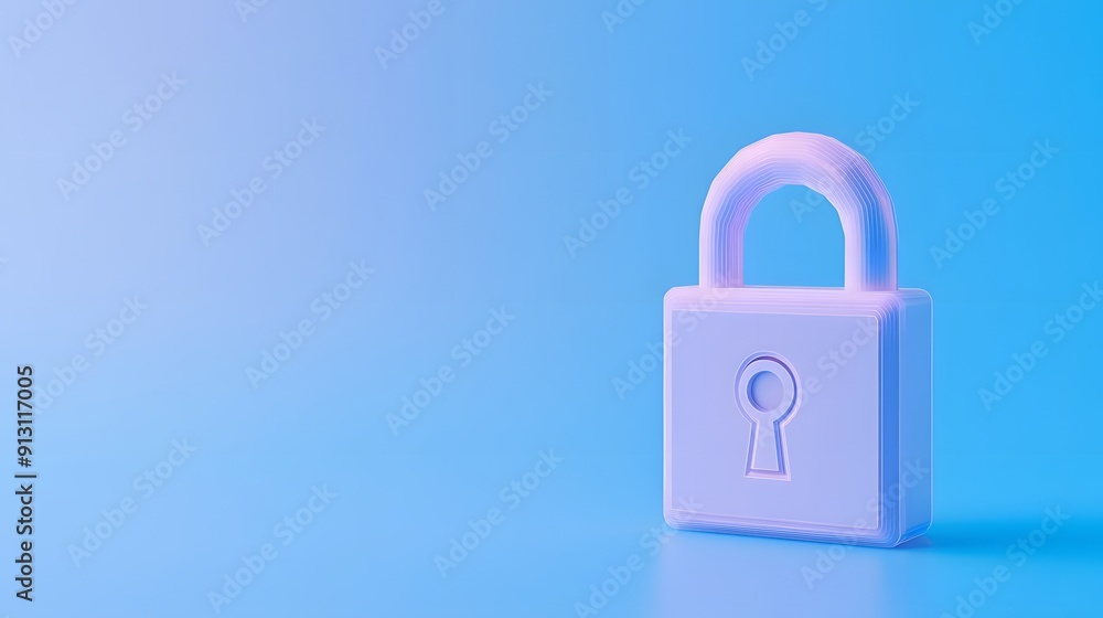 Poster purple lock on blue background symbolizing security and privacy. minimalistic design. copy space on 
