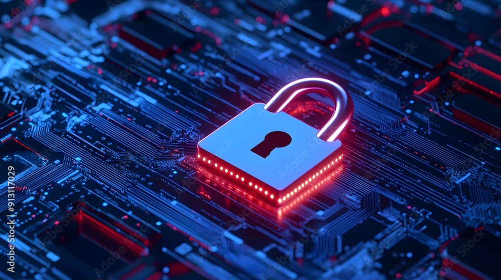 Poster red padlock symbolizing cybersecurity protection on a blue circuit board, representing data security