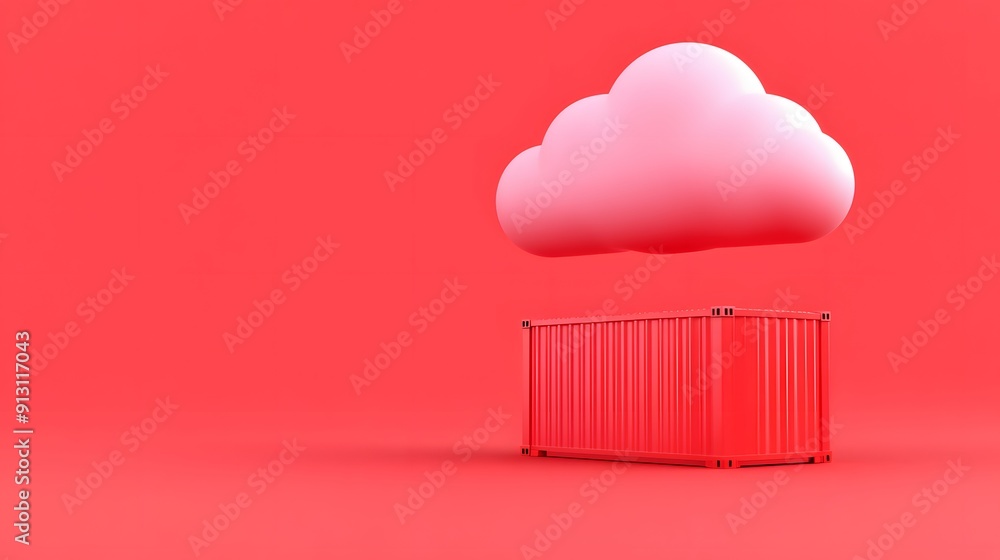 Poster red shipping container with a cloud above on a red background, symbolizing cloud storage and shippin