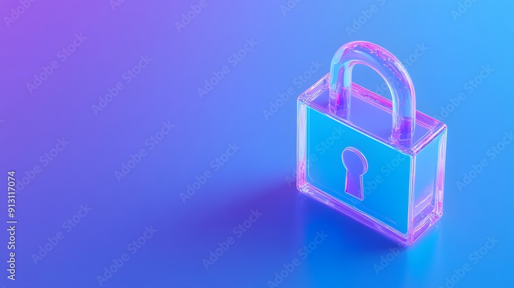 Poster reflective transparent padlock on gradient blue and pink background, symbolizing security and protec