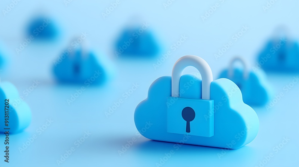 Poster secure blue cloud icon representing data security and cloud storage concept with a lock symbol.