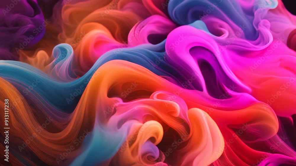 Poster a close-up of colorful ink swirls, creating abstract patterns as they flow in water. the camera foll