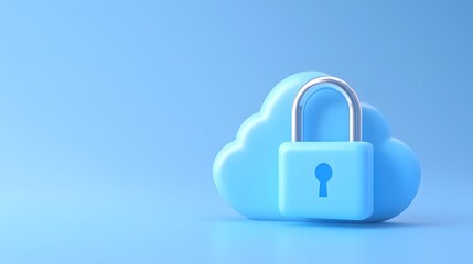 Secure blue cloud storage concept with a lock symbolizing data protection and online security, isolated on a blue background.