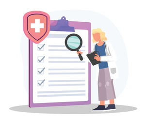 Care plan of medical test report for finding report disease problems with magnifying glass, doctor searching in document of care plan strategy for patient and doctor with healthcare professionals