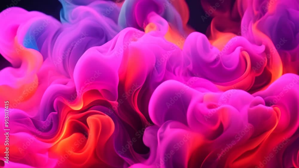 Poster vibrant pink and orange ink swirls and blends, creating abstract patterns and shapes against a dark 
