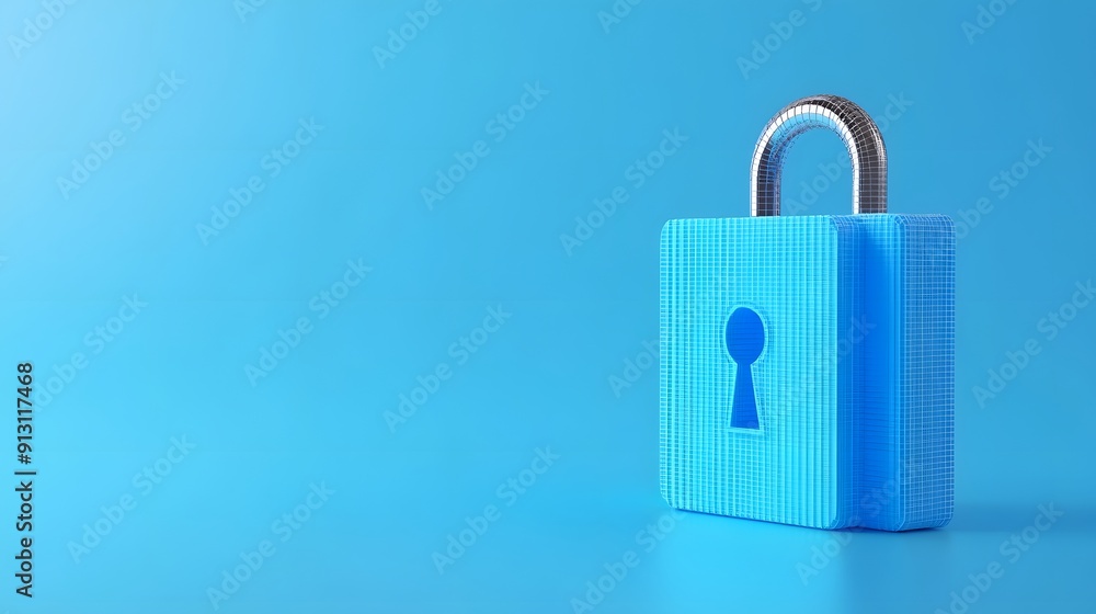 Poster secure blue padlock on a solid color background, symbolizing security and protection. ideal for data