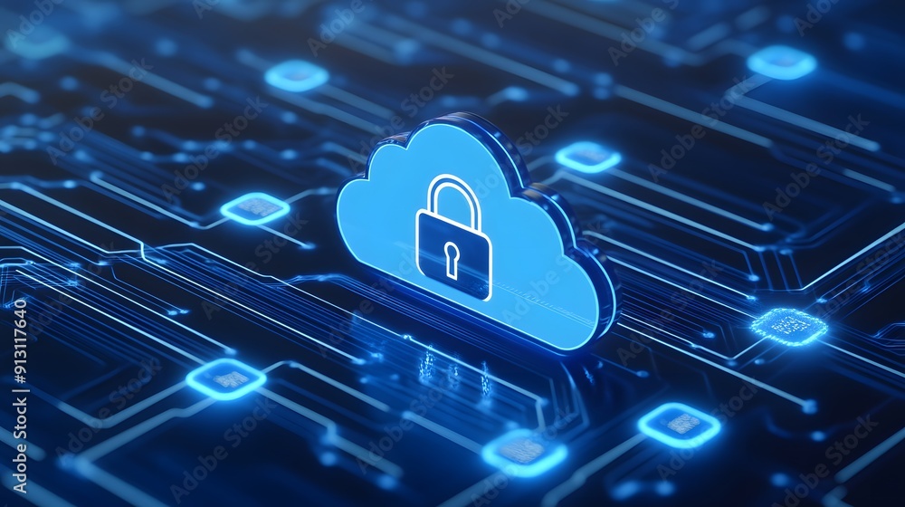 Poster secure cloud computing concept; digital lock icon on a cloud representing data security and protecti