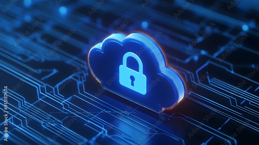 Poster secure cloud computing concept. locked cloud icon on a blue digital circuit background representing 