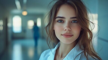 girl 30 years old, European appearance, white coat, hospital corridor in the background