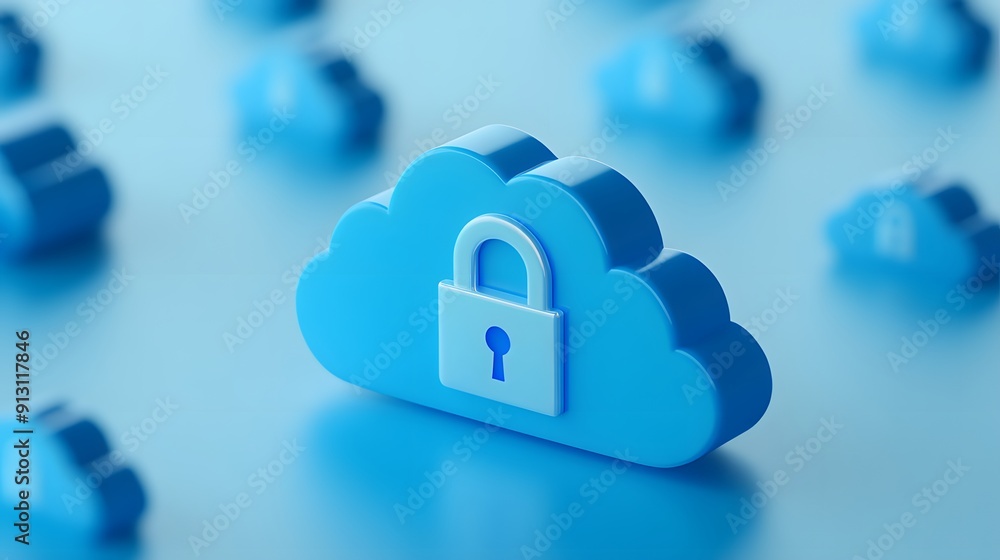Poster secure cloud computing concept with a 3d cloud symbol and padlock, representing data protection and 