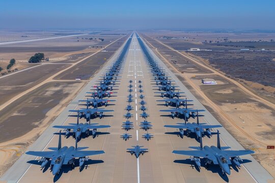 A large number of fighter jets are lined up on a runway. Concept of power and strength, as the planes are arranged in a long row, ready for takeoff
