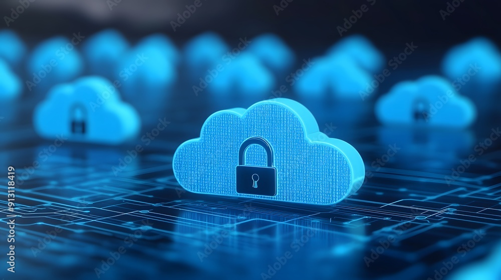Poster secure cloud computing concept with blue cloud icons locked with a padlock, representing data protec