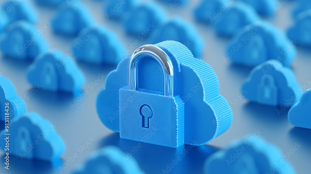 Poster secure cloud computing concept with blue cloud symbols and a padlock, representing data protection a