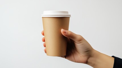 A hand holding a brown paper coffee glass against white background.