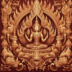Fototapeta premium A luxurious thai pattern in gold and red traditional art background, generated by AI