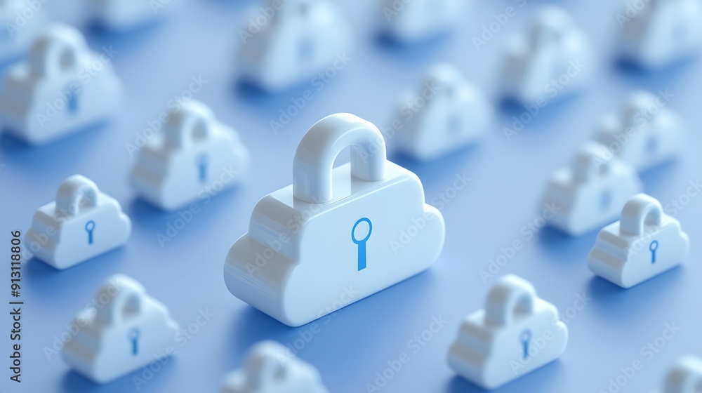 Poster secure cloud computing concept with padlock icons on cloud shapes, representing data protection and 